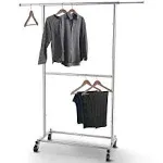 Simple Trending Double Rod Clothing Garment Rack, Rolling Clothes Organizer on Wheels for Hanging Clothes,with 4 hooks, Chrome