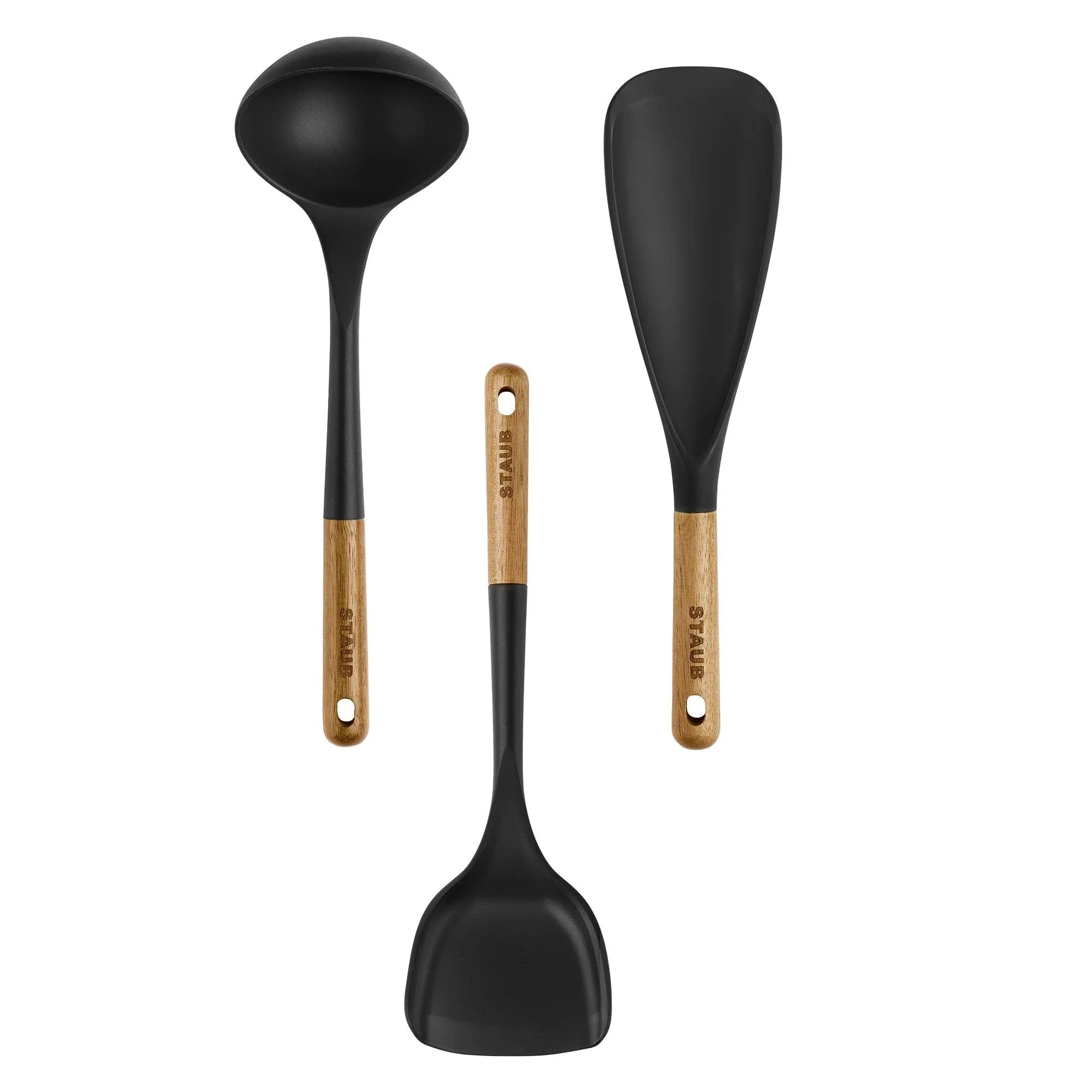 Silicone with Wood Handle Cooking Utensil Set, Matte Black, 3-Pc