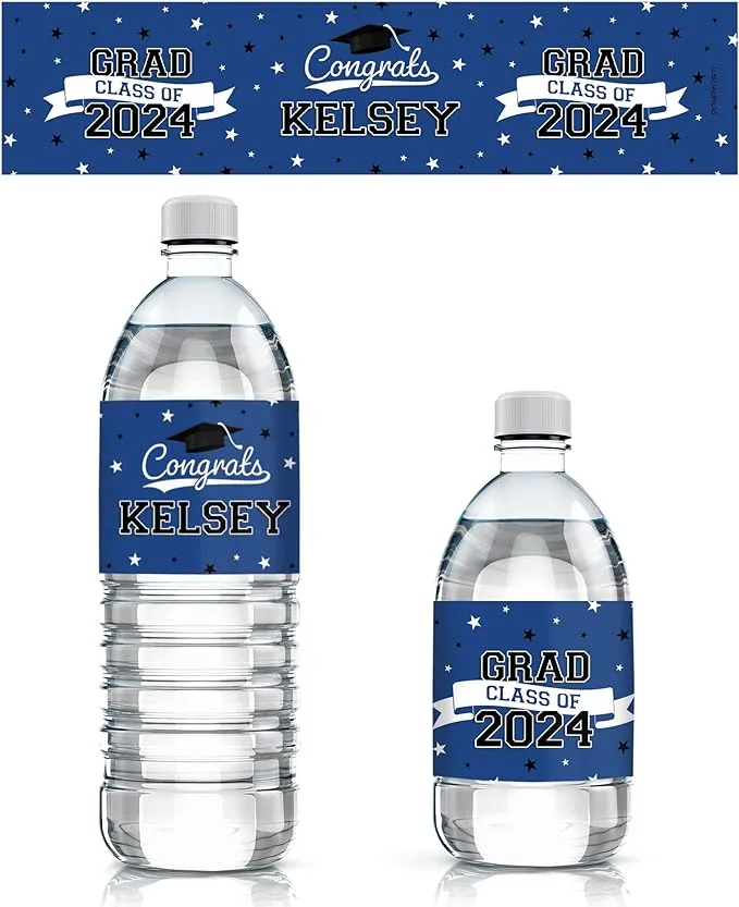 Personalized Blue Graduation Water Bottle Labels - Class of 2024 Water Bottle Waterproof Wrappers - School Colors - 24 Stickers