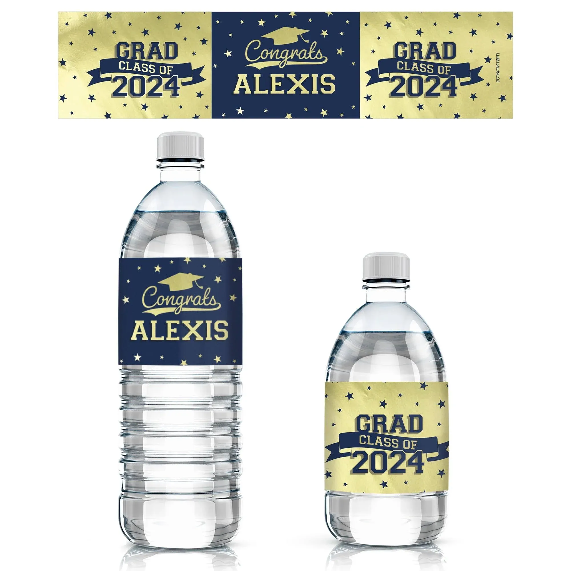 Personalized Blue and Gold Graduation Water Bottle Labels - Class of 2024 Water Bottle Waterproof Wrappers - School Colors - 24 Stickers