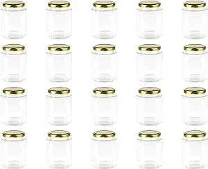 Encheng 10 oz Hexagon Jars,Clear Glass Jars with Lids(Golden),Mason Jars for Honey,Foods,Jams,Liquid,Herb Jars Spice Jars