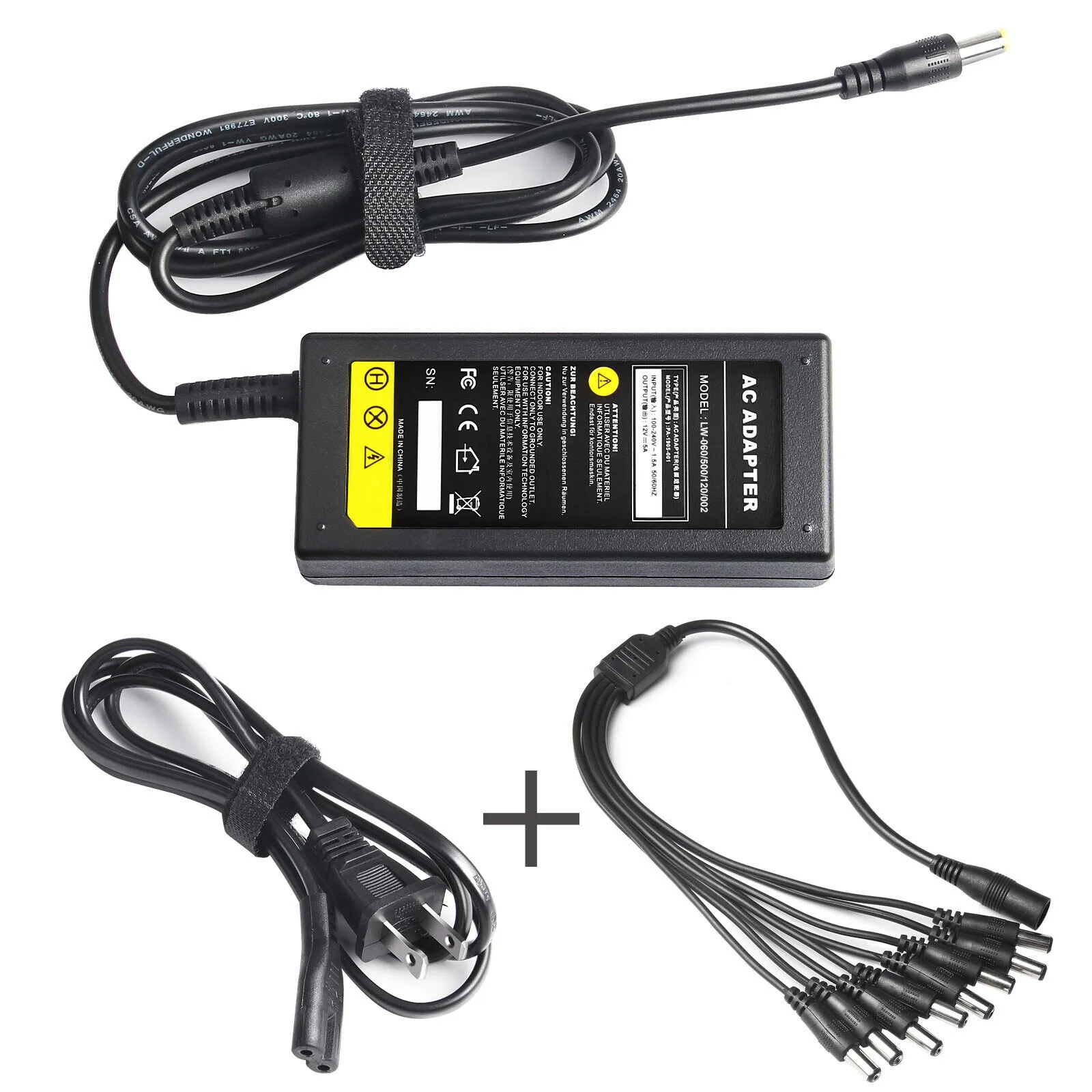 12V 5A AC Charger Adapter + 8 Splitter Power Cord for CCTV Security Camera DVR 