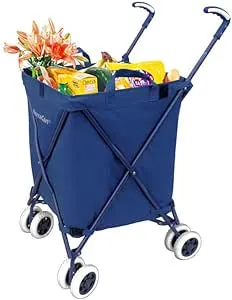 Transit -The Original Patented Folding Shopping and Utility Cart, Water-Resistant Heavy-Duty Canvas with Cover, Double Front Swivel Wheels, Compact, Transport Up to 120 Pounds, Blue