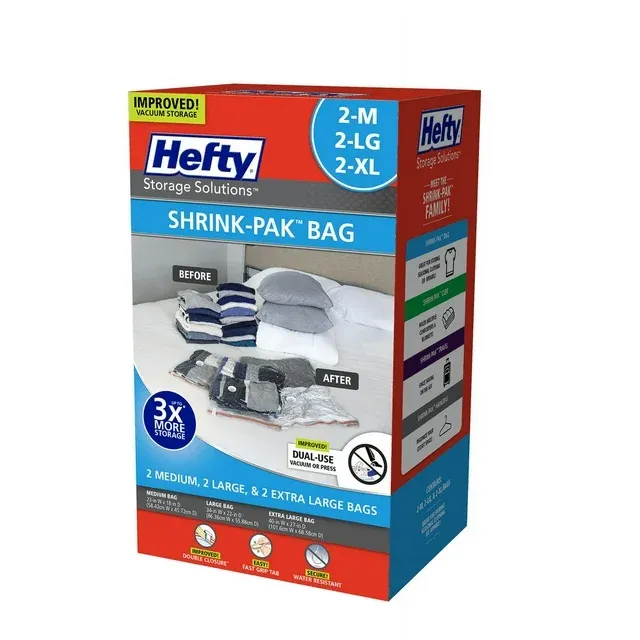 Hefty Shrink-Pak Clothes Storage Bags, 2 Medium, 2 Large, 2 XL