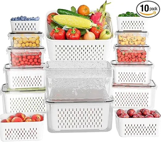 10 Pack Fruit Storage Containers for Fridge with Removable Colanders - Food Storage Containers with Lids, BPA-Free Produce Containers Keep Fruits, Vegetables, Berry, Meat Fresh Longer