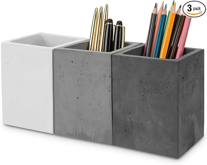 MyGift Modern Mixed Color Gray Concrete Pen and Pencil Cups, Office Stationary Organizers, Set of 3