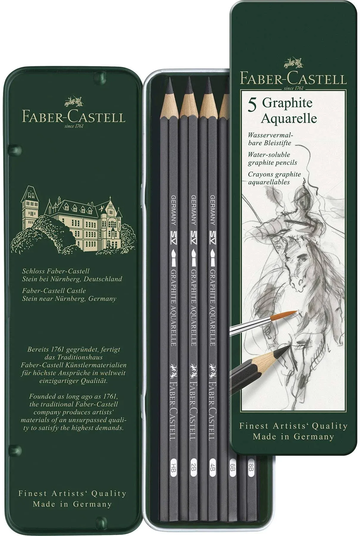 Faber-Castell 5 Piece Quality Water-Soluble Graphite Aquarelle Pencils in a Tin, Including HB, 2B, 4B, 6B and 8B, Grey