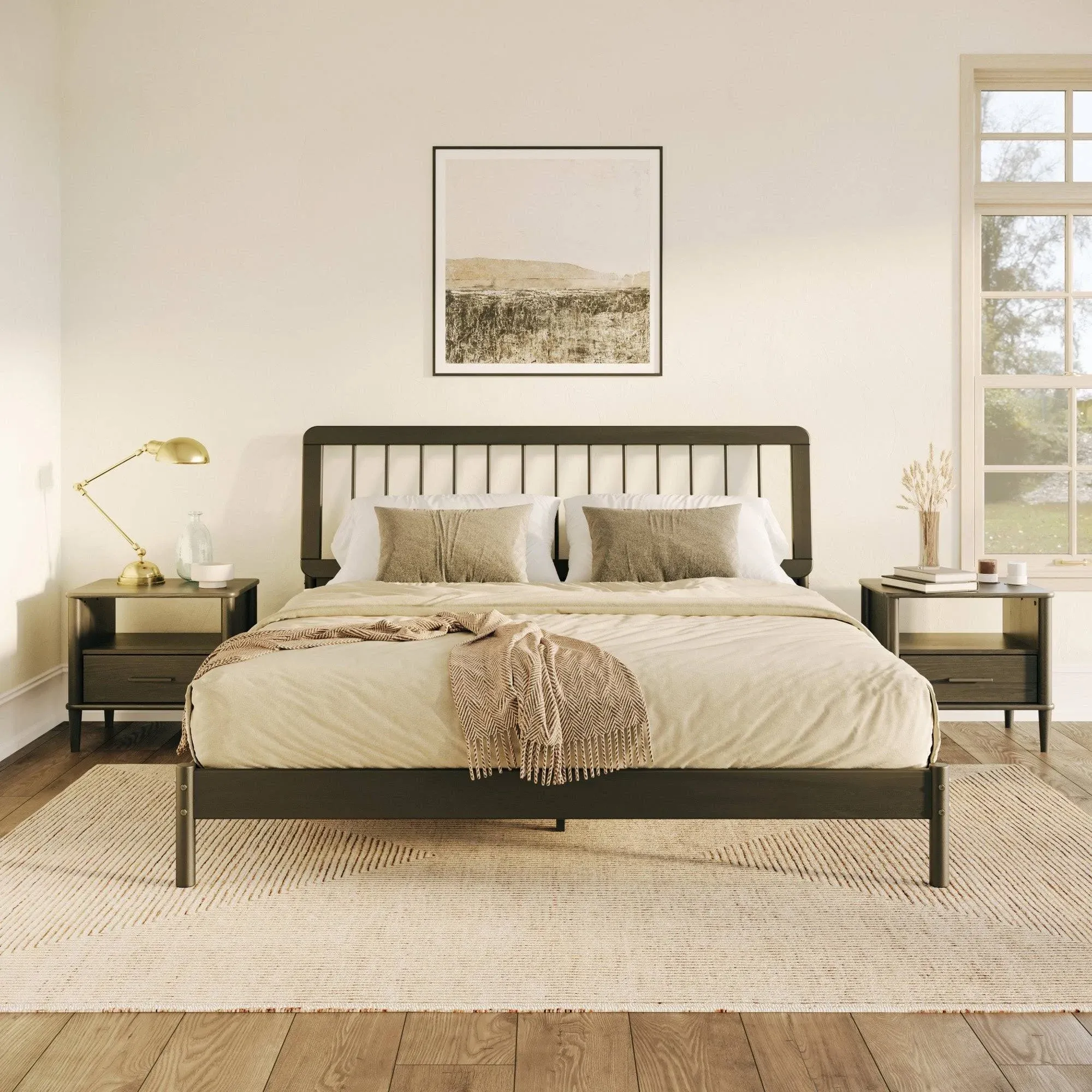 Cama Mid-Century Modern Solid Wood Spindle Bedframe Black / King