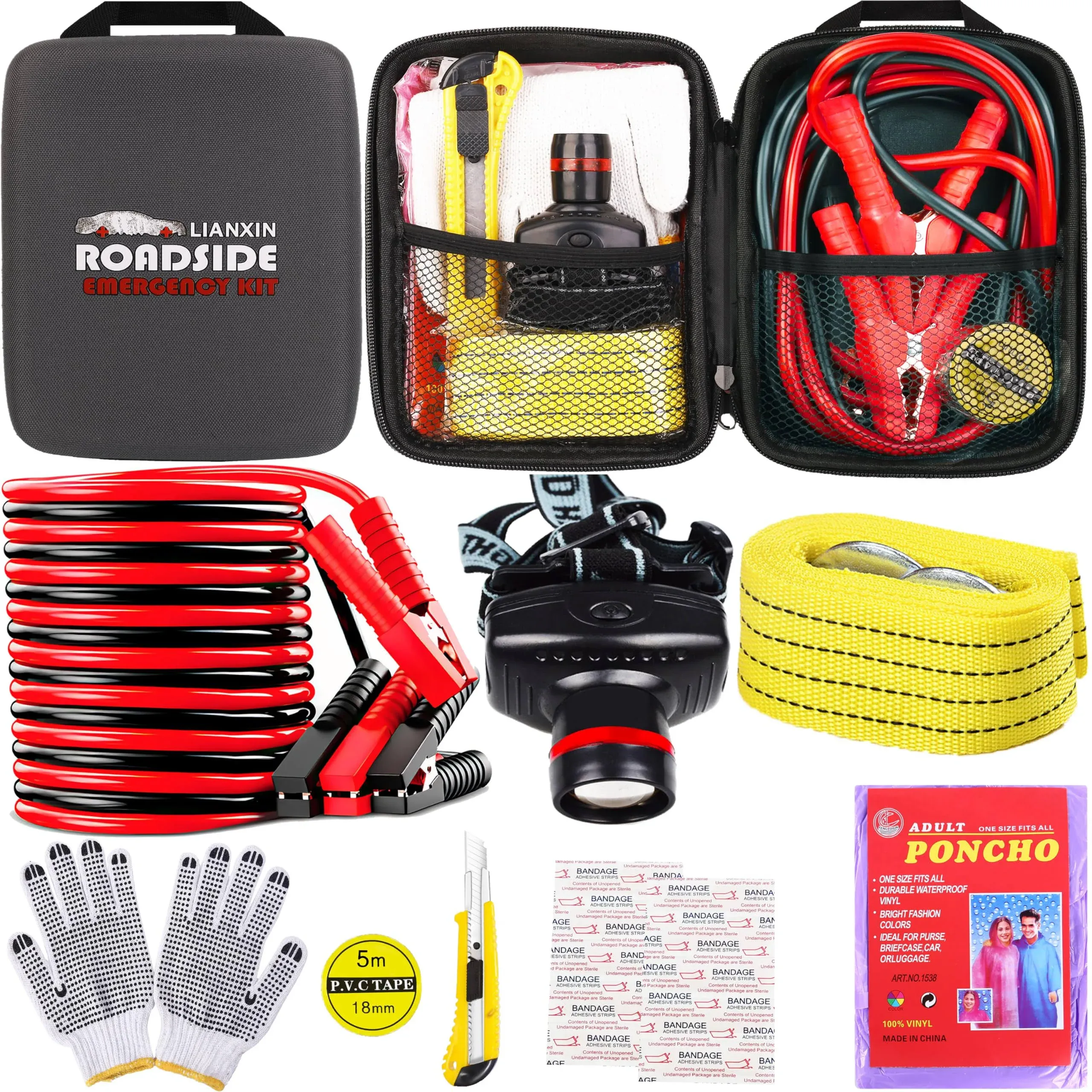 Car Roadside Emergency Kit, with Jumper Cables Automotive Kit, Car Safety Tools