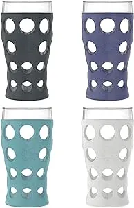 Lifefactory 20-Ounce Beverage Glasses with Protective Silicone Sleeves, 4 Count (Pack of 1), Stone Gray, Aqua Teal, Dusty Purple, Carbon