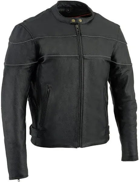 Milwaukee Leather SH1785 Men's Black Leather Scooter Style Motorcycle Jacket w/Side Stretch and Reflective Piping