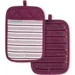 KitchenAid Purple Cotton Pot Holder Set - Durable and Heat Resistant - Slip-Resistant Silicone Grip - Traditional Stripe Pattern - Set of 2 - 7x10 Inches