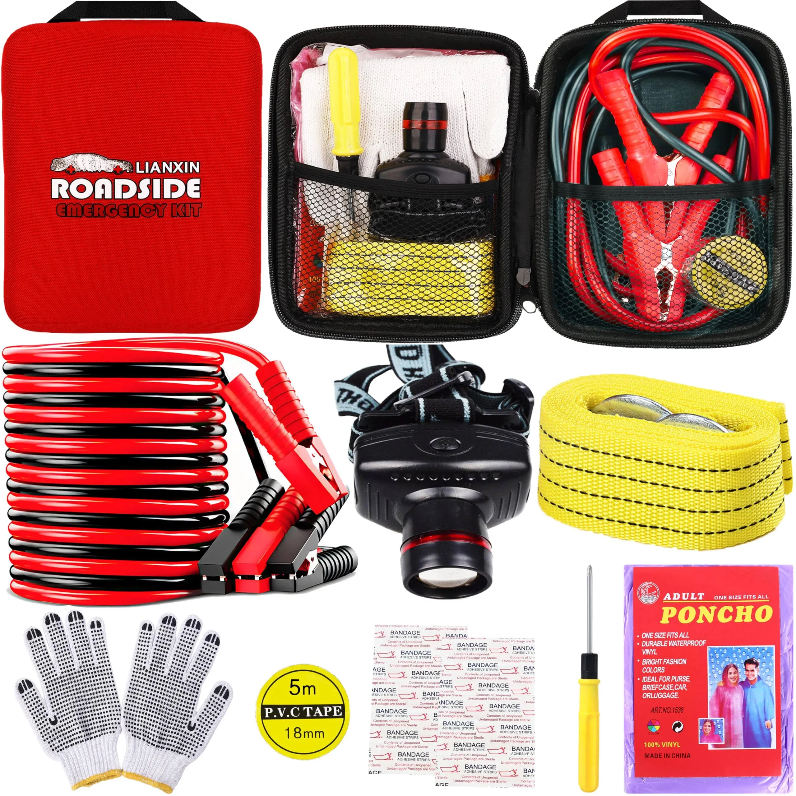 Car Roadside Emergency Kit, with Jumper Cables Automotive Kit,Car Safety Roadside Assistance Kit Headlamp,Tow Straps, Safety Hammers, Rainwear, Gloves.Black