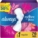 Always Radiant Regular Leak and Odor Proof Pads, Scented, Size 1, 76 Count