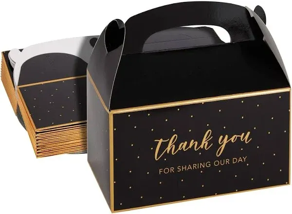 Black and Gold Thank You Party Favor Gable Boxes for Wedding, Birthday Party (24 Pack)