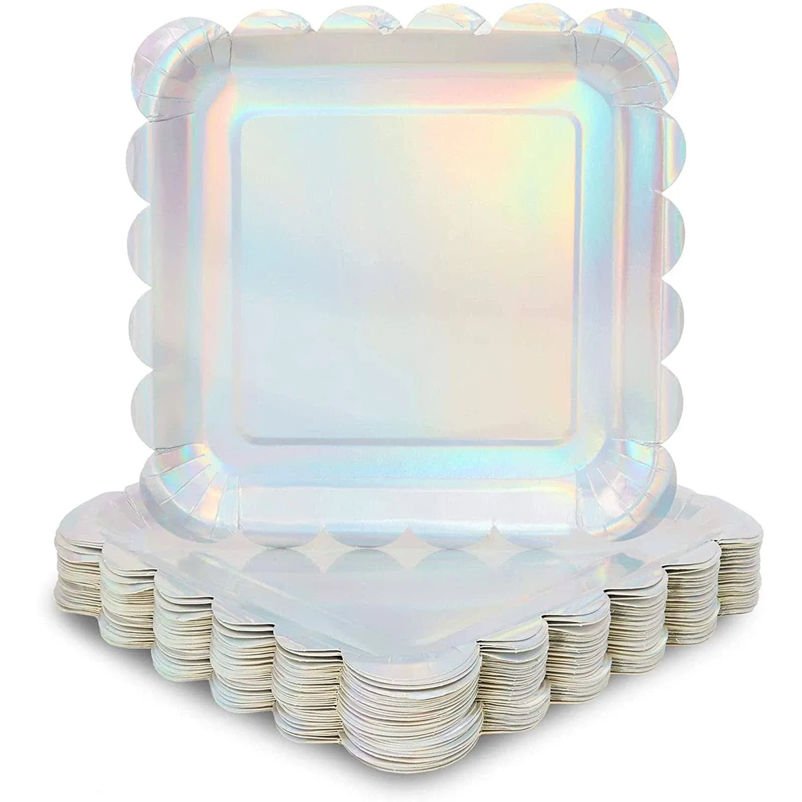 Sparkle and Bash 48-Pack Holographic Silver Foil Square Paper Plates, Scalloped Edge (9 in)