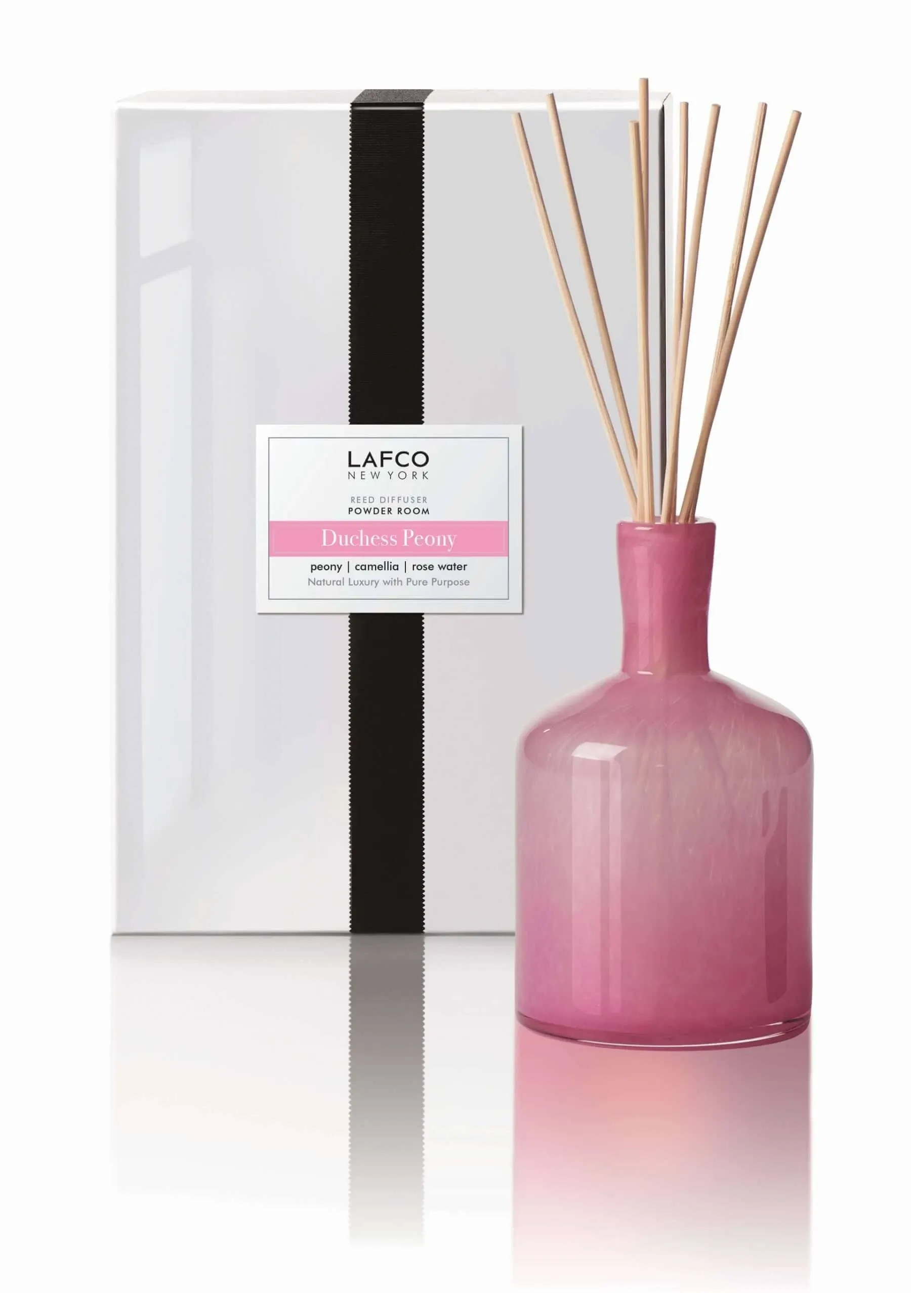 LAFCO New York Signature Reed Diffuser, Duchess Peony - 15 oz - Up to 9 Months Fragrance Life - Reusable, Hand Blown Glass Vessel - Natural Wood Reeds - Made in The USA