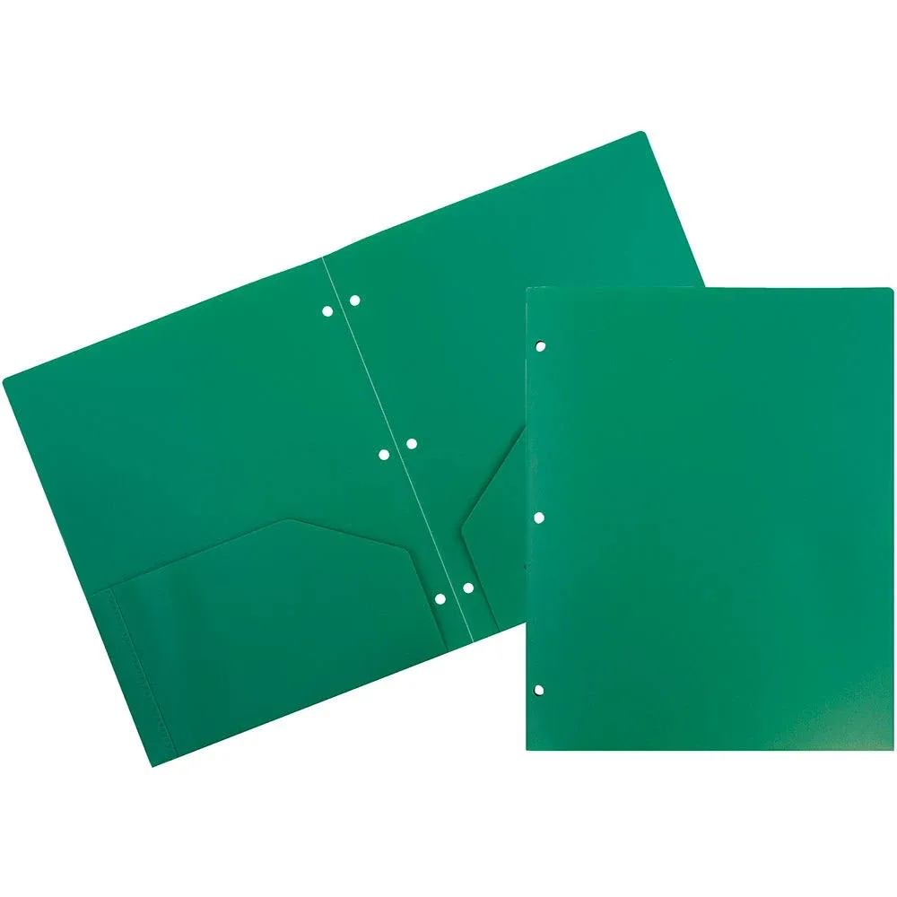 Jam Paper Heavy Duty Plastic 3 Hole Punch Two-Pocket Folders, Green, 6/Pack (383HHPGRB)