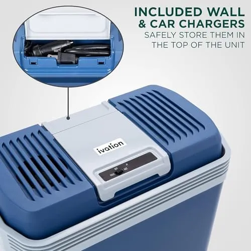 Ivation Car Fridge w/ Handle Wheels Electric Cooler Warmer Portable 24L Blue