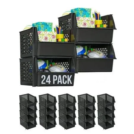 Skywin Plastic Stackable Storage Bins for Pantry - Stackable Bins for Organizing Food, Kitchen, and Bathroom Essentials (Black - 24 Pack)