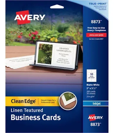 Avery Linen Texture True Print Business Cards, Inkjet, 2 x 3 1/2, Linen White, 200/Pk