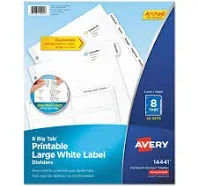 Avery Big Tab Printable Large White Label Tab Dividers, 8-Tab, Letter, 20 per pack