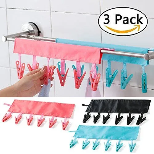 TamBee Travel Hangers Foldable for Suitcase Clothespin Travel Portable Folding Clothes Drying Hanger with 6 Clips Pack of 3 (Black, Red, Rose red)