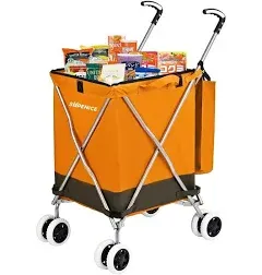 Folding Grocery Shopping Cart Rolling Utility Cart with 360° Double Front Swivel Wheels Waterproof Removable Canvas Bag with Cover for Laundry Grocery, Shopping, Baggage, Picnic (Orange)