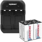 Tenergy TN141 2-Bay 9V Smart Charger + 4 Pcs Premium 9V 200mAh NiMH Rechargeable Batteries, White