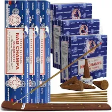 Nag Champa Incense Sticks 15g x 3 and Cone Incense Holder Variety Pack Bundle