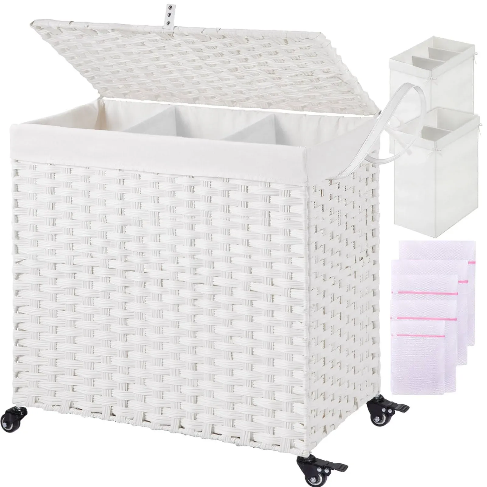 Greenstell Laundry Hamper with Wheels&Lid 125L Large 3 Sections Clothes Hamper with 2 Types Removable Liner Bags