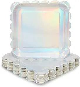 Sparkle and Bash 48-Pack Holographic Silver Foil Square Paper Plates, Scalloped Edge (9 in)