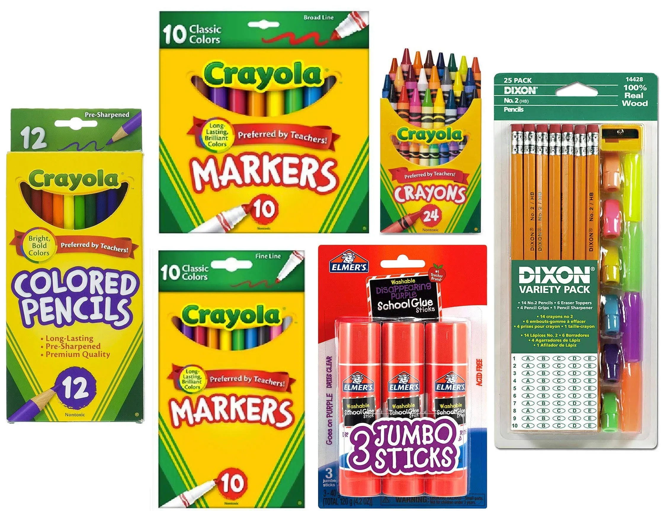 Crayola Bundle K-5 School Supplies: Crayola Markers, Pencils, Dixon Eraser Caps, Elmer&#39;s Glue Stick