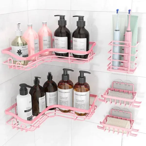 Pink Corner Shower Caddy, Adhesive Shower Organizer for Bathroom Storage, Rustproof Stainless Steel Shower Shelves, No Drilling, Space-Saving Shower Rack Shelf for Inside Shower 5 Pack