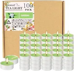 100 Pack Scented Tealight Candles 4 Hours, Gardenia Aromatherapy Candles for Votive Home, Wedding Holiday and Emergency (Light Green)