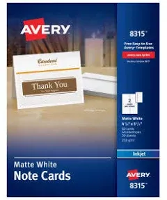 Avery Note Cards for Inkjet Printers 4 1/4 x 5 1/2 Matte White 60/Pack w/Envelopes