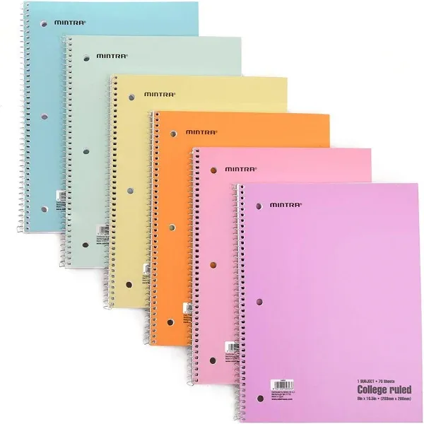 Spiral Notebooks - Pastel, College Ruled, 6 Pack, For School, Office, Busines...