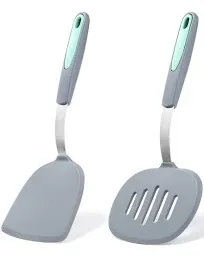 2 Pieces Silicone Spatula set, BPA Free Turner Spatulas, Heat Resistant Silicone Cooking Flipper for Eggs, Fish, Pancakes, Light Grey