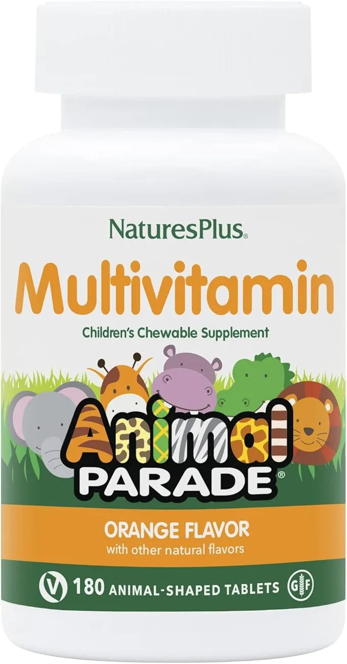 Natures Plus Animal Parade Children's Chewable Multivitamin - Orange Flavor - 180 Animal-Shaped Tablets - Promotes Health & Well-Being - Vegetarian, Gluten Free - 90 Servings