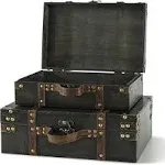 Wooden Box with Hinged Lid - Set of 2: Decorative Vintage Suitcase Decor, Storag