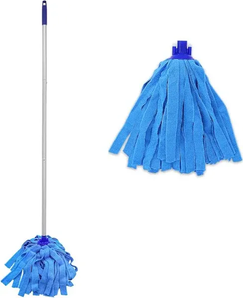 EaseYourDay Mop, One Mop Handle with Two Blue Microfiber Cloth Mop Heads (1 Handle & 2 Mop Heads)