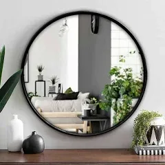 Round Black Mirror 24 Inch for Wall, Rustic Metal Frame Circle, Matte Black Bathroom Vanity Mirror Farmhouse, Anti-Rust, Tempered Glass