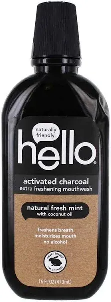 hello Activated Charcoal Extra Freshening Mouthwash Alcohol Free with Fresh Mint + Coconut Oil Vegan & SLS Free - 8191560202023