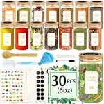 Spice Jars with Labels, 30Pcs 6oz Glass Spice Jars with Bamboo Lids, Minimalist Stackable Airtight Spice Containers with 426 labels for Kitchen Seasoning, Tea, Herbs, Coffee, Sugar,Shells