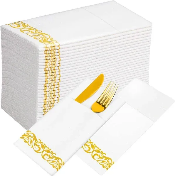 White Dinner Paper Napkins Disposable with Pocket 100 Pcs Gold Linen Feel Wed...