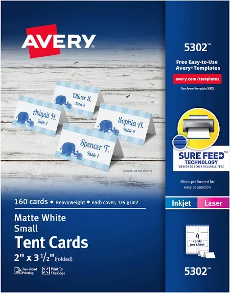 Avery Small Tent Card, White, 2 X 3.5, 4 Cards/sheet, 40 Sheets/pack