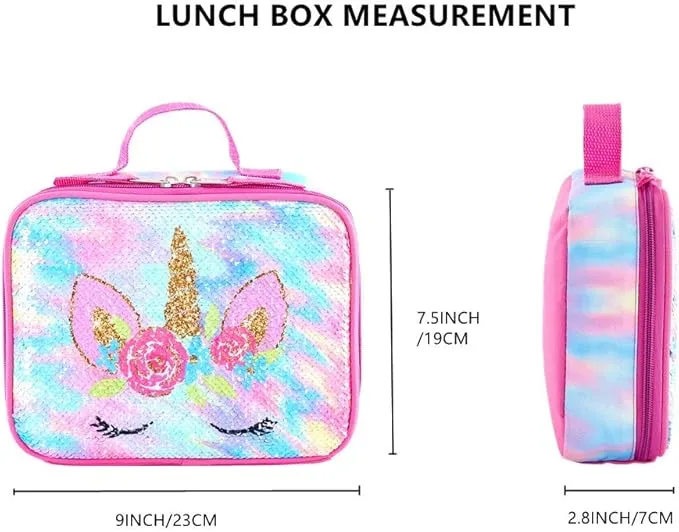 KK CRAFTS Cute Insulated Lunch Box For Girls Boys Kids Toddlers Preschool Kindergarten Elementary(Small,Sequin Rainbow Unicorn)