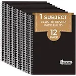 1 Subject Spiral Notebook, 12 Pack, Wide Ruled, Water Resistant Cover, Thick 140 Pages/Book (70 Sheets), 8 x 10-1/2, 3 Hole, Bulk School & Office, Black Cover