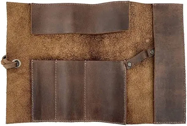 Hide & Drink, Rustic Pencil Roll Pouch, Multi-Purpose Storage Wrap for Scissors, Earphones, Organizer for Craft, Full Grain Leather, Handmade, Bourbon Brown