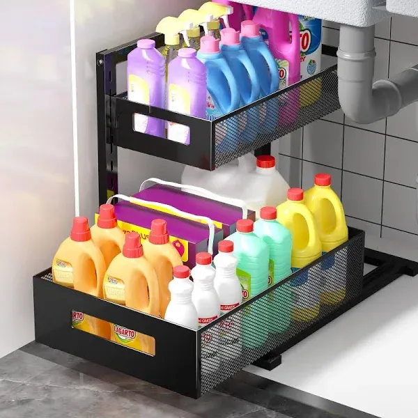 Mlinavn 2 Under Sink Organizer and Storage,Pull Out Cabinet Organizer 2 Tier Slide Out Sink Shelf Cabinet Organizer Adjustable Under Counter